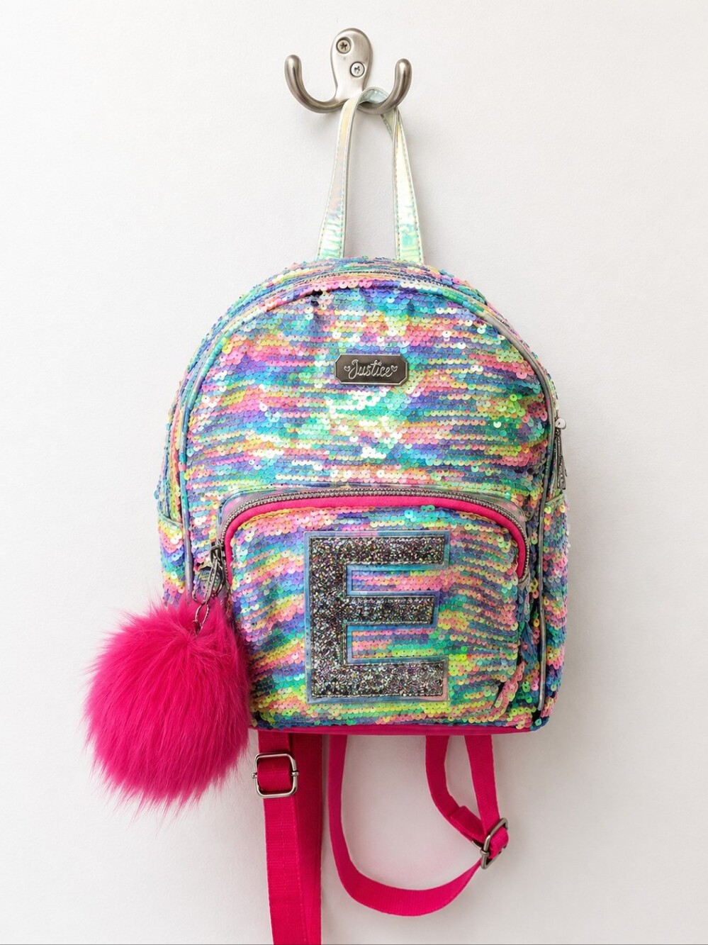 Justice "E" Initial Iridescent Sequin Mini Backpack with Hot Pink Pom Pom